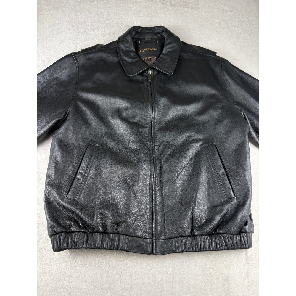 Vintage Y2K St Johns Bay Mens XL Black Leather Bomber Jacket Lined Full Zip
